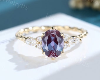 Oval cut Alexandrite engagement ring vintage engagement ring 14K yellow gold engagement ring marquise diamond Twisted ring Bridal ring