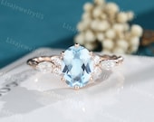 Oval cut Aquamarine engagement ring rose gold vintage engagement ring Marquise cut diamond art deco twisted ring anniversary promise ring