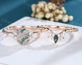 Oval Moosachat Verlobungsring Set Vintage Moissanit Verlobungsring Set Rosegold Diamant Ringset 3/4 Eternity twisted Ring Set Versprechen