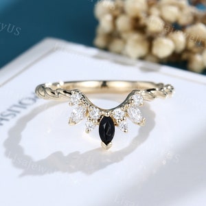 Black onyx vintage wedding band Marquise Moissanite wedding band solid gold wedding band Unique Curved diamond stacking matching band Bridal