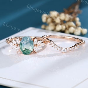 Oval moss agate engagement ring set Rose gold moissanite ring set Marquise diamond cluster bridal set Art deco 3/4 eternity twisted ring set