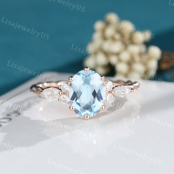 Oval cut Aquamarine engagement ring rose gold  vintage engagement ring Marquise cut diamond art deco twisted ring anniversary promise ring