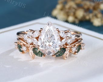 Peervormige Lab Diamond verlovingsring set roségoud IGI-gecertificeerde diamanten ring Marquise Mos-agaatbladring set Beloftering jubileum
