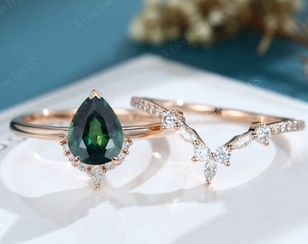 Pear Green Blue Sapphire engagement ring set Rose Gold vintage engagement ring set Art deco engagement ring set Curved solid Bridal ring set