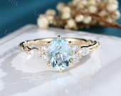 Oval Aquamarine engagement ring Vintage engagement ring 14k gold engagement ring Marquise diamond art deco 3 4 eternity twisted Bridal ring