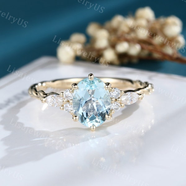 Oval Aquamarine engagement ring Vintage engagement ring 14k gold engagement ring Marquise diamond art deco 3/4 eternity twisted Bridal ring