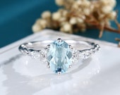 Oval Aquamarine engagement ring Vintage engagement ring White gold engagement ring Solid diamond art deco 3 4 eternity twisted promise ring