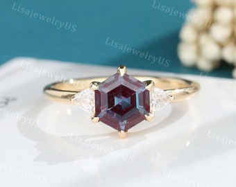 Alexandrite Engagement Ring Vintage engagement ring 14k gold engagement ring Hexagon cut Antique Art deco Diamond Bridal promise ring