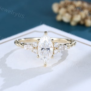 Unique Marquise cut Moissanite engagement ring Yellow gold engagement ring diamond 3/4 eternity twisted ring Anniversary promise ring