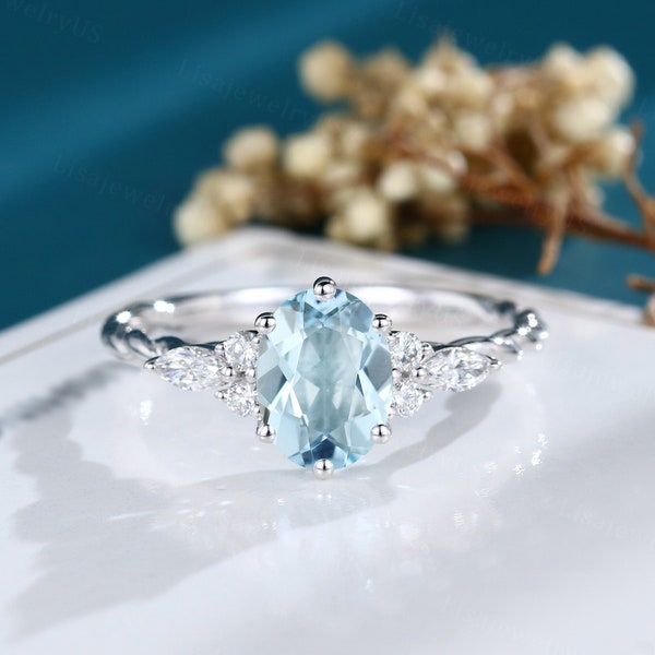 Oval Aquamarine engagement ring Vintage engagement ring White gold engagement ring Solid diamond art deco 3/4 eternity twisted promise ring