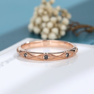 Black diamond wedding band Rose Gold wedding band Vintage wedding band women Unique Bridal Milgrain eternity band promise gift for her