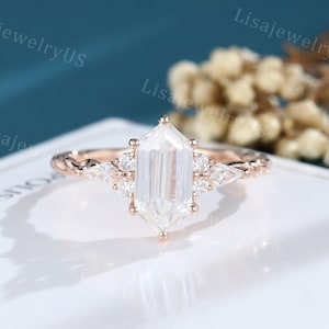 Elongated Hexagon cut Moissanite engagement ring Rose gold engagement ring unique dainty 3/4 eternity twisted ring Bridal promise gift