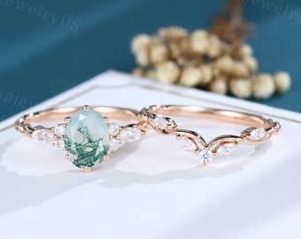 Ovale Moss Agate verlovingsring set roségouden vintage ring set Sierlijke Marquise diamant 3/4 eeuwigheid gedraaide bruidsring jubileumcadeau