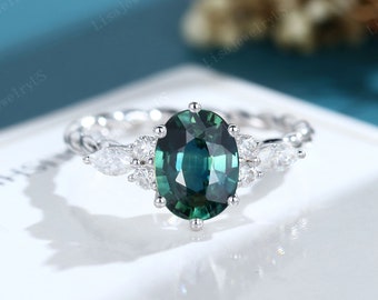 Oval Green Blue Sapphire engagement ring Vintage engagement ring white gold engagement ring Marquise diamond Twisted wedding promise ring