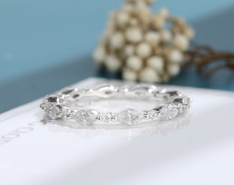 Moissanite wedding band Marquise cut white gold wedding band Full eternity wedding band Vintage stacking matching Bridal Promise Dainty band