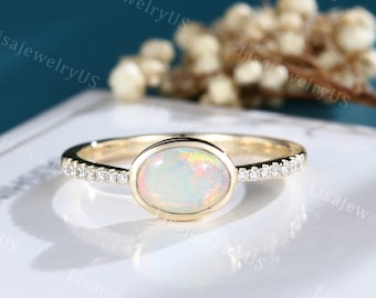 Oval Opal engagement ring Vintage engagement ring 14k gold engagement ring solid Dainty half eternity ring unique Bridal promise ring