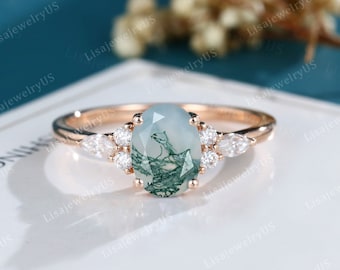 Ovaler Moosachat Verlobungsring Rosegold Vintage Moissanit Ring Einzigartiger Marquise Diamantring Hochzeitsring Versprechensring Jahrestagsgeschenk
