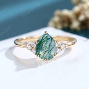 Pear shaped Moss Agate engagement ring Yellow gold Moissanite ring Art deco Unique Cluster diamond Bridal ring promise Anniversary ring