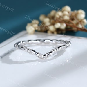 Diamond Wedding Band Curved wedding band White gold wedding band vintage Unique Twisted band full eternity Bridal Promise Band simple band