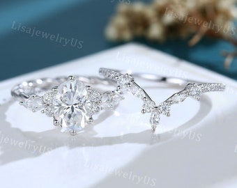 Oval Moissanite engagement ring set vintage engagement ring set white gold engagement ring set unique twisted ring Bridal promise ring set