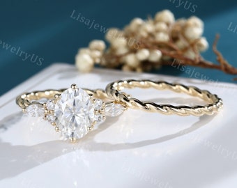 Oval Moissanite engagement ring set Vintage engagement ring set 14K gold engagement ring set Marquise diamond unique twisted ring Bridal set