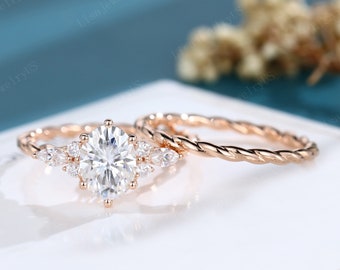 Oval Moissanite engagement ring set Rose gold vintage engagement ring set Marquise diamond unique twisted ring anniversary promise set