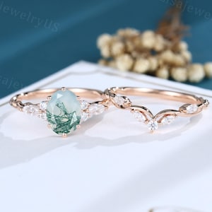 Anillo de compromiso de ágata musgosa ovalada, anillo vintage de oro rosa, delicado anillo nupcial trenzado de eternidad de 3/4 con diamante marquesa, regalo de aniversario