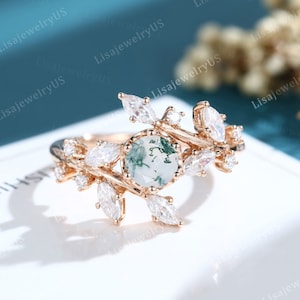 Moss Agate engagement ring Solid rose gold vintage moissanite ring Unique leaf diamond Bridal ring Anniversary gift promise ring for women