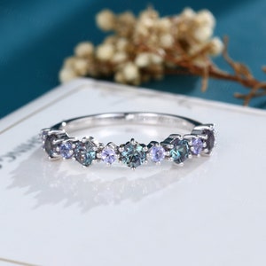Alexandrite wedding band white gold wedding band vintage wedding band Tanzanite Half eternity band stacking matching Bridal Anniversary band