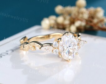 Oval Moissanite engagement ring Vintage engagement ring Solid 14k Gold engagement ring Art deco leaf ring Marquise diamond Bridal gift