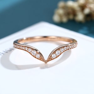 Moissanite wedding band Curved wedding band Rose gold wedding band vintage Marquise Unique half eternity band matching Bridal Promise band