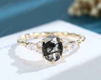 Oval Black Rutilated Quartz engagement ring Vintage engagement ring 14K gold engagement ring solid diamond Twisted ring Bridal promise ring