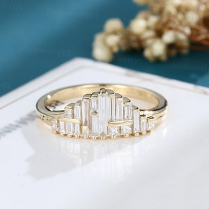 Diamond wedding band Vintage wedding band solid Gold wedding band baguette women Unique Bridal Stacking Matching promise gift for her