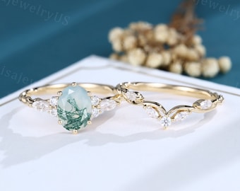Ovale Moss Agate verlovingsring set vintage Geelgouden moissanite ring marquise diamant 3/4 eeuwigheid gedraaide ring Verjaardag belofte ring