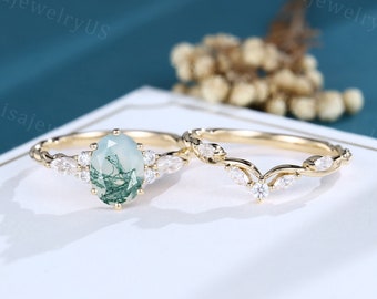 Ovale Moss Agate verlovingsring set vintage Geelgouden moissanite ring marquise diamant 3/4 eeuwigheid gedraaide ring Verjaardag belofte ring