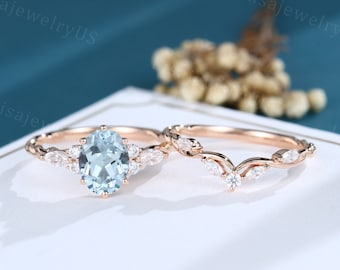 Oval Aquamarine engagement ring set rose gold engagement ring set marquise moissanite diamond 3/4 eternity twisted ring Bridal promise ring
