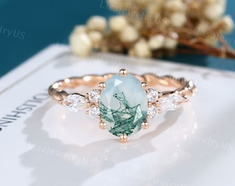 Oval Moss Agate engagement ring vintage Rose gold moissanite cluster ring Unique diamond twisted ring Bridal ring Anniversary promise ring