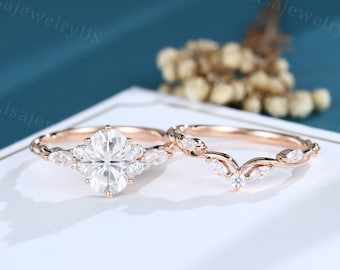 Oval Moissanite engagement ring set rose gold vintage ring set Art deco Solid 14K Marquise cut diamond 3/4 eternity Twisted Bridal gift