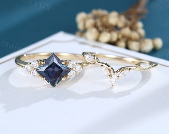 Princess Alexandrite Engagement Ring Set yellow gold ring set marquise moissanite diamond ring Antique Art deco Anniversary promise ring