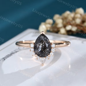Birnen-Schwarzer Rutilquarz Verlobungsring Roségold Vintage Verlobungsring Art-Deco zierlich einzigartig Hochzeit Braut Jahrestag Versprechen Ring