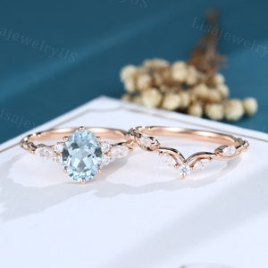 Oval Aquamarine engagement ring set rose gold engagement ring set marquise moissanite diamond 3/4 eternity twisted ring Bridal promise ring