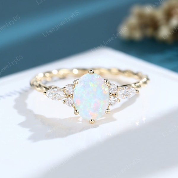 Oval Opal engagement ring 14K gold engagement ring vintage engagement ring marquise cut diamond unique twisted ring anniversary promise ring
