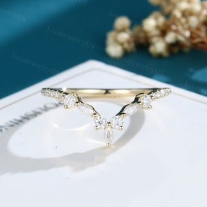 Moissanite wedding band Curved wedding band 14K gold wedding band vintage Marquise Unique half eternity band matching Bridal Promise band