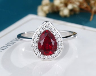 Pear Ruby engagement ring Halo vintage engagement ring white gold engagement ring solid diamond Unique cluster ring Bridal anniversary ring