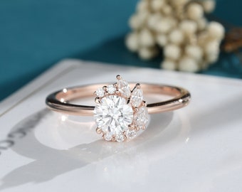 Moissanite engagement ring solid 14K rose gold vintage engagement ring Art deco Dainty unique diamond ring Bridal anniversary promise ring