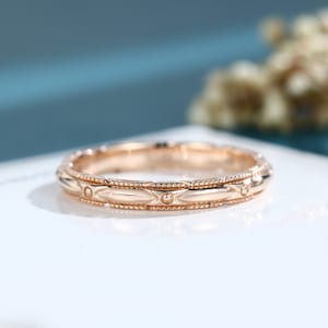 Simple band wedding band women 14K/18K Solid rose gold wedding band vintage Unique Dainty milgrain band Bridal anniversary Promise Band