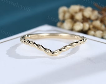 Curved wedding band yellow gold plain gold wedding band vintage Unique 3/4 eternity Twisted band Bridal Promise Band simple band