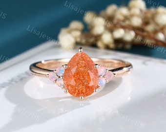 Unique Pear shaped Sunstone engagement ring vintage Opal engagement ring Rose gold Cluster engagement ring Bridal Promise Anniversary ring