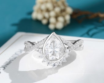 Pear shaped Moissanite engagement ring vintage engagement ring white gold engagement ring Dainty unique solid diamond Bridal promise ring