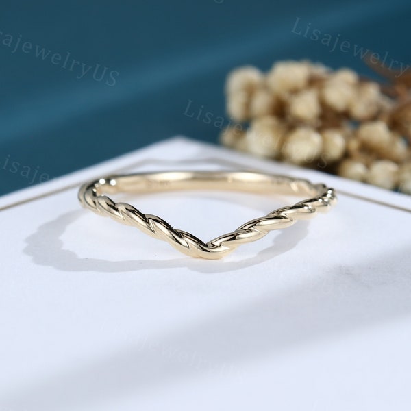 Curved wedding band yellow gold plain gold wedding band vintage Unique 3/4 eternity Twisted band Bridal Promise Band simple band